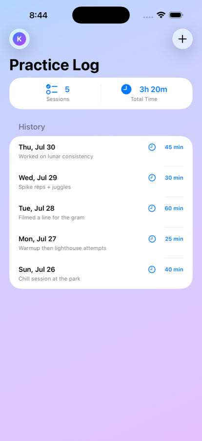 The practice log listing sessions with durations and notes